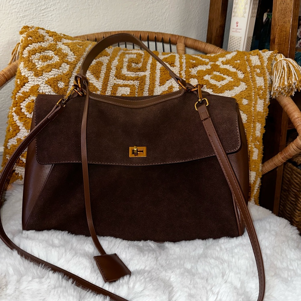 Commense Dark Brown Suede & Leather Shoulder Bag with Gold Hardware